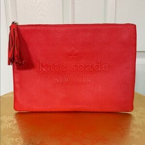 kate spade Red Embossed Leather Zip Pouch with Tassel